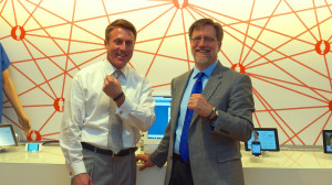 Keith Montgomery, Executive Director of the Center for Total Health, and Hal Ruddick, Executive Director of the Coalition of Kaiser Permanente Unions, wearing two different types of fitness/activity tracking devices