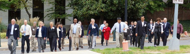Attendees of the second annual Innovation Centers Summit Workshop -- held Wednesday, October 9, at the Center for Total Health --  take a break for a massive "networking-on-foot" walking meeting.